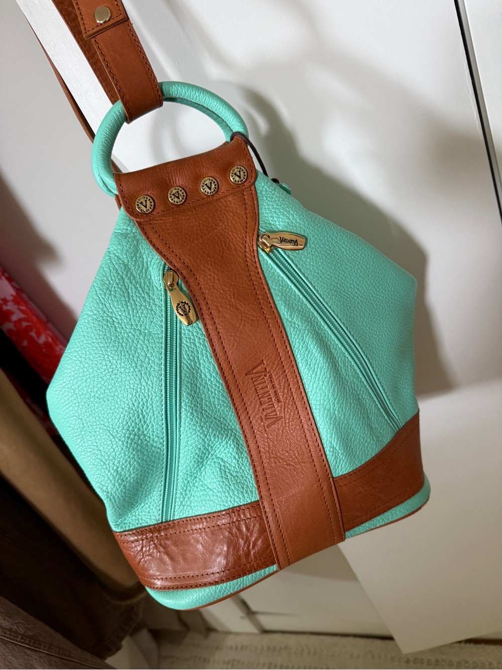 Valentina Mint Green and Brown Leather Shoulder Bucket Bag
